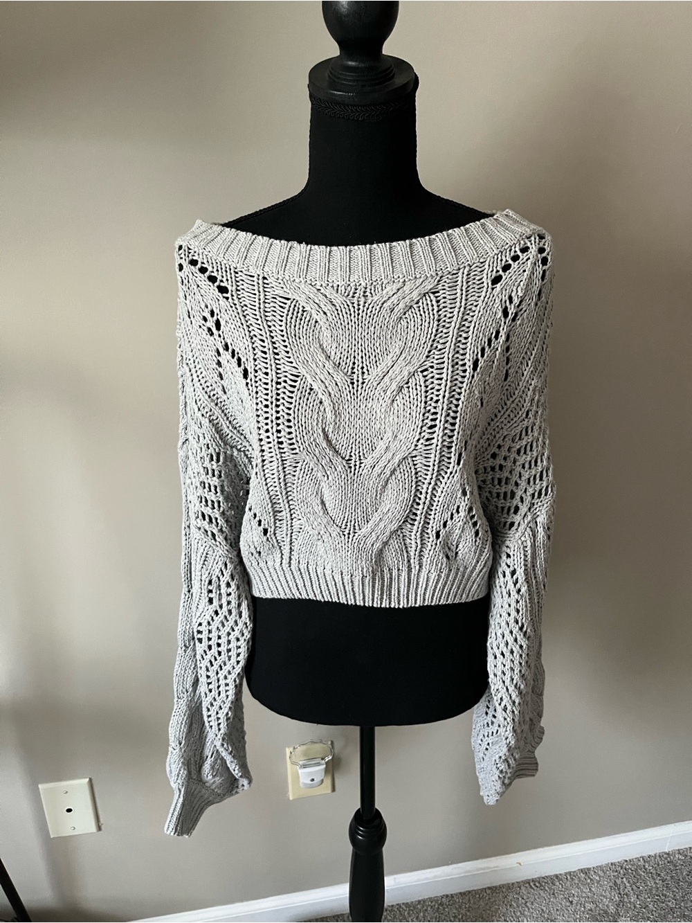 Altar'd State Light Gray Off-Shoulder Cable Knit Sweater